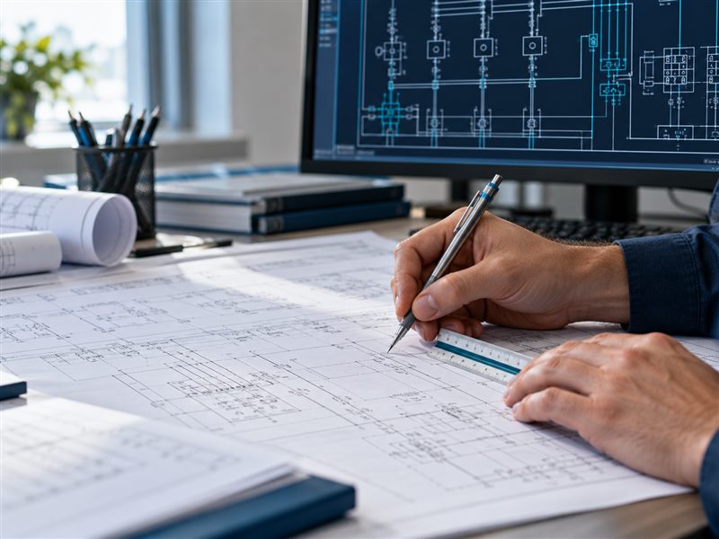 Hands reviewing electrical drawings with a drafting scale beside a CAD workstation